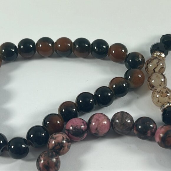 Lot 3 Stretch Bracelets Brown Stone Apple Cross Charm Rhinestones Beaded - Picture 7 of 9